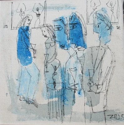 Menschen in der Stadt Vernissage Acryl/LW 15x15 cm Kunstmuellerei Düsseldorf - Bild 1 von 4