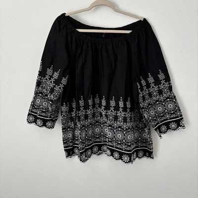 Top Talbots Para Mujer 2X Negro Blanco Bordado Campesino Fuera del Hombro Festoneado Foto 1 de 4