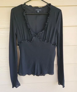 Banana Republic Y2K 100% Silk Black Long Sleeve Top Sz 10 Grunge Ruffle Accents - Picture 1 of 14