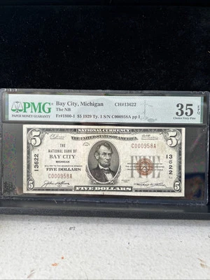 SASA 1929 First National Bank Bay City Michigan $5 Pmg Vf35epq Low Serial Num - Image 1 of 2
