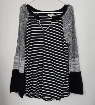 Umgee Striped Top Medium Knit Bell Flare Sleeves V-Neck Boho Neutral Office - Image 1 of 4