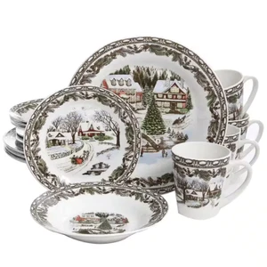Christmas Toile 16Piece Holiday Assorted Porcelain Dinnerware Set(Service for4) - Picture 1 of 12