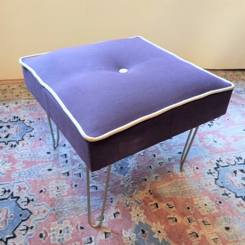 MCM Mid Century Tufted Folding Pin Leg Footstool Footrest Ottoman 16 x 16 Purple Cover