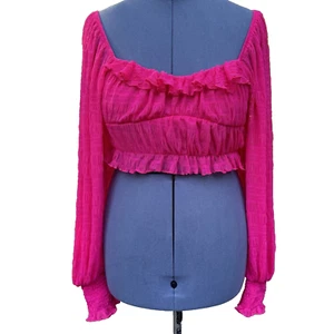 Frilly Romantic Fuchsia Crop Top Women Small Bishop Sleeve Textured Off Shoulder - Picture 1 of 18