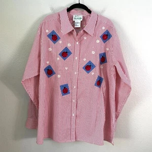 The Quacker Factory Womens Plus 1X Striped Ladybug Print Button Up Shirt Top - Picture 1 of 9