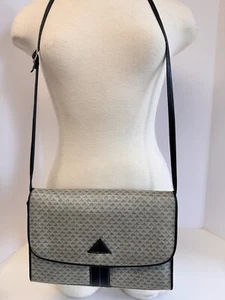 Vintage Liz Claiborne Shoulder Handbag Triangle Logo Blue Leather Trims 1980s - Picture 1 of 11