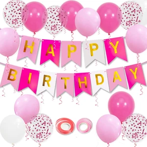 Pink Birthday Decorations, Happy Birthday Banner, 16 Pcs 12 Inch Balloons with 2 - Picture 1 of 12