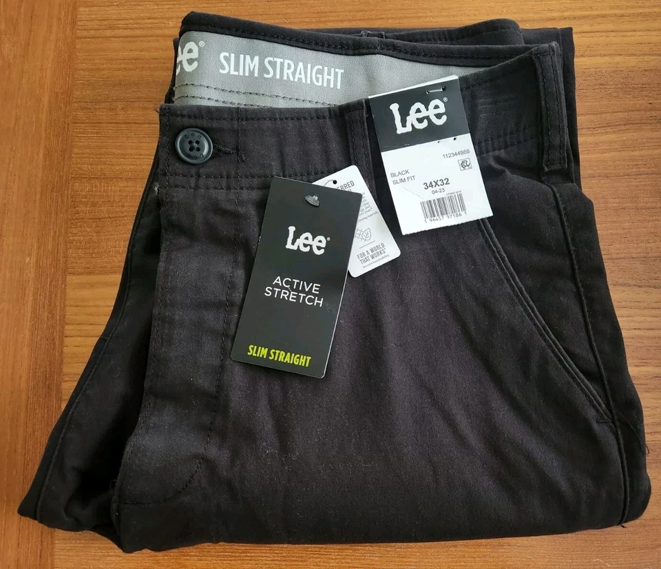 Lee Men's 34x32 Flat Front Slim Straight Chino Pants BLACK Flex Waist #32124