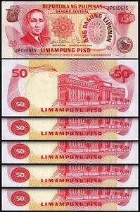 Philippines 50 Piso 1978, UNC, 5 Pcs LOT, Consecutive, P-163b, Sign 9 - Picture 1 of 4