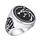Hunter Animal Roaring Wolf Coin Ring Oxidized Stainless Steel