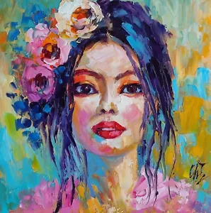 quadro olio originale ragazza ritratto colorato opera d'arte donna wall art 10*10 pollici - Foto 1 di 10