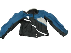 WOMAN'S LEATHER BKING MOTORCYCLE JACKET by J&S Black blue white FOR REPAIR - Picture 1 of 7