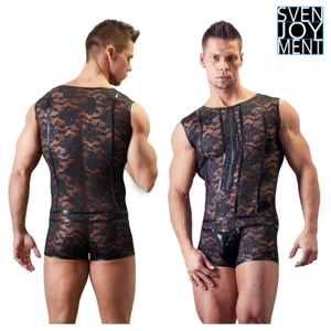 Svenjoyment Swell Funktion schwarz dehnbar Blumen Spitze Body Mann Wetlook Streifen - Bild 1 von 10