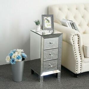 Mirrored Glass Bedside Table cabinet 3 Drawers and Crystal Handles Bedroom Furni