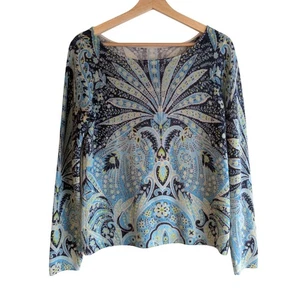Talbots Cashmere Pullover Sweater Small Petite Blue Green Paisley Floral Peacock - Picture 1 of 7