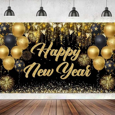 Decoraciones de Año Nuevo - Banner Feliz Año Nuevo Negro y Dorado, 71 x 43 Pulgadas L... Foto 1 de 4