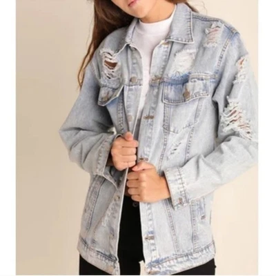 Umgee Distressed Oversized Jean Jacket Blue Size 1XL - Image 1 of 4
