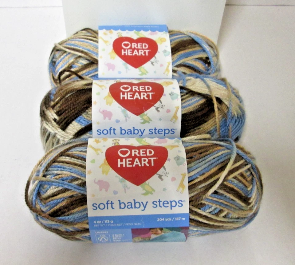 3 Skein Red Heart Soft Baby Steps Yarn Blue Earth Print 4oz Each