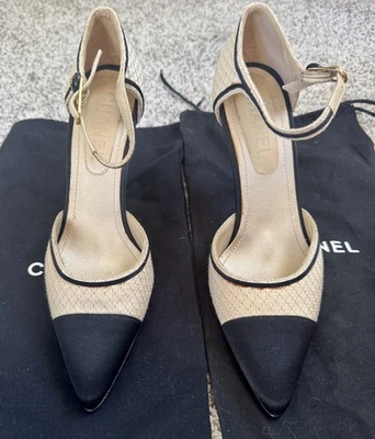 Vintage CHANEL Heels CC Ankle Strap Sz 37 1/2 Black Satin/Beige - Image 1 of 4