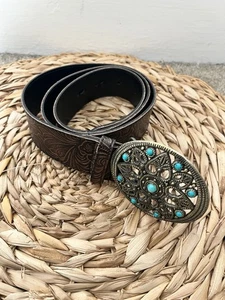 Western Leather Belts 36 Inches Women Turquoise Oval Buckle Embossed Cowgirl - Bild 1 von 5