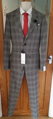 £115 RIVER ISLAND MODERN SLIM FIT GREY CHECK 2PC SUIT JACKET 34L /PANTS 26R +TIE - Image 1 of 4