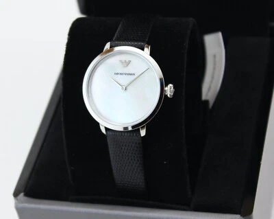 NEW AUTHENTIC EMPORIO ARMANI KAPPA SILVER BLACK LEATHER MOP WOMENS AR11159 WATCH - Image 1 of 4