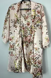 Victoria's Secret Set Large Robe Nightgown 2pc Peignoir Gold Label Floral Satin - Picture 1 of 9