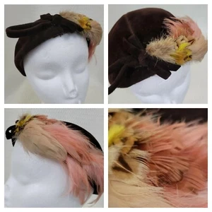 Vintage Brown Velvet Fascinator Hat with Tan & Peachy Pink Feathers - Picture 1 of 13