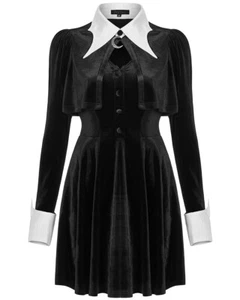 Punk Rave Gothic Hexe Minikleid Schwarz Samt Weiß Fledermausflügel Kragen Umhang - Bild 1 von 12