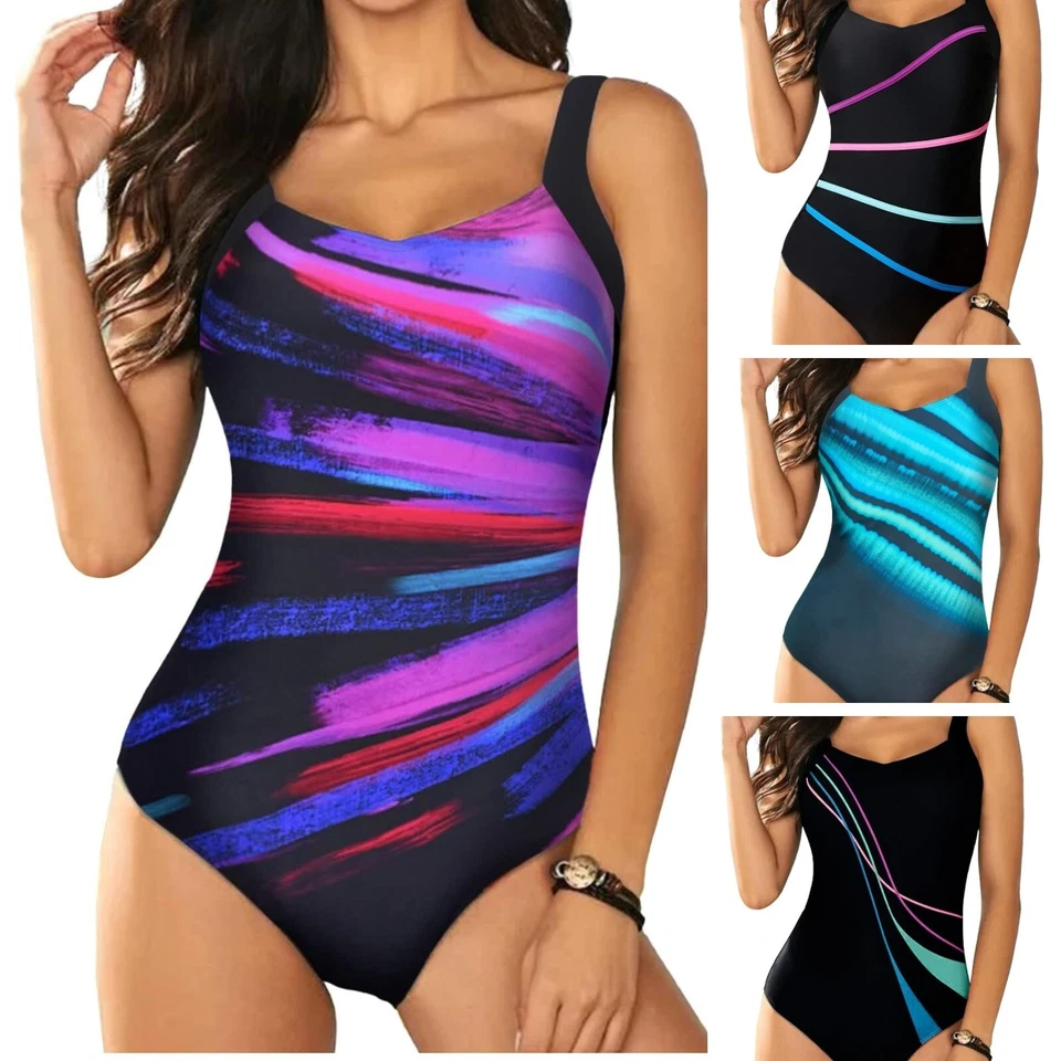 Swimming Costume Womens One Piece Athletic Tummy Control  Adjustable Straps - Image 1 of 1
