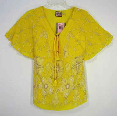 Blusa Juicy Couture Nueva con Etiquetas Algodón Talla 0 Escote en V Abigail Amarillo Pin-tuck Foto 1 de 4
