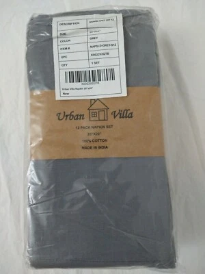 Urban Villa 12 Pack Napkin Set Gray 20 x 20" Cotton Brand New, Some Package Wear - Image 1 of 4