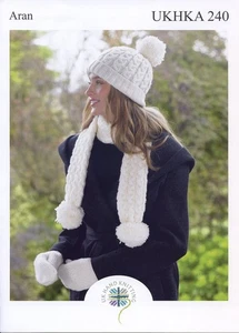 UKHKA 240 HAT SCARF MITTENS Aran Knitting Pattern Sizes S-L Ladies accessories - Picture 1 of 3