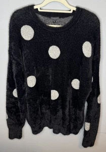 Ann Taylor Large Fuzzy Polka Dot Sweater Black White Spots Long Sleeve New - Picture 1 of 5