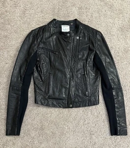 Scharnier Motorradjacke Damen Gr. Medium schwarz Leder Reißverschluss Stehkragen - Bild 1 von 15