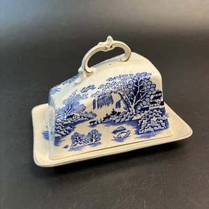Antique TG Green England "Ming" Blue Willow Covered Cheese Butter Dish Pottery - Picture 1 of 11