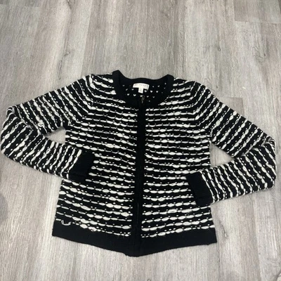 Kenar毛衣中号丙烯酸羊毛混纺女式黑白拉链开衫 — 第 1/4 张图片