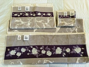 Vintage 3 Stück Jubiläum Bordeaux Badetuch Handtuch Waschhandtuch Lila Blumen Neu - Bild 1 von 14