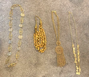 BOLD GOLD NECKLACES-SET OF 4 - LARGE PENDANT ,LOOPS, AND LONG CHAIN GOLDEN COINS - Picture 1 of 24