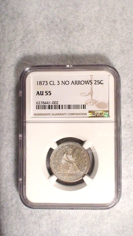VERY RARE 1873 NGC AU55 CLOSED 3 NO ARROWS Seated Liberty Quarter 25C Coin! Cover