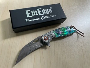 Ball Bearing Damascus Hawk Blade Pocket Knife with Abalone Custom Leather Sheath - Picture 1 of 7