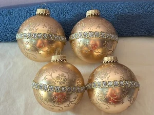 Christmas ornaments set of 4 glass Krebs gold ball glitter & cloth band PO7973 - Picture 1 of 4
