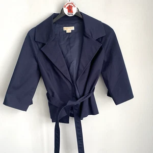 MICHAEL Michael Kors Navy Blue Open Front Short Jacket Size L Tie Waist Belt - Picture 1 of 10