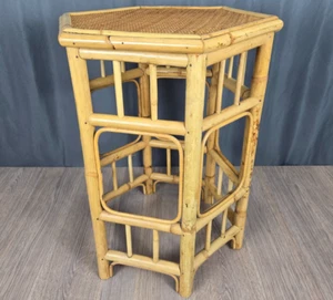 Hexagon bamboo rattan & wicker top side end table, Boho Palm Beach style 24" - Picture 1 of 12