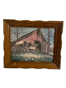 Vintage BOB BATES Wood Framed Old Barn Wall Art Farmhouse 12.25” X 10.25” Wagon - Picture 1 of 4