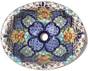 17"x 14" Mexican Talavera Blue Clover Ceramic Handmade Bathroom Sink