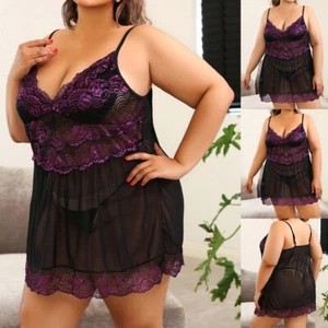 Plus Size Women's Ladies Lace Nightdress Mesh Sheer Babydoll Lingerie Sleepwear - Picture 1 of 18