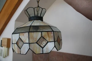 Hanging Stain Glass Vintage Beige & Clear Ceiling Light Fixture - Picture 1 of 12