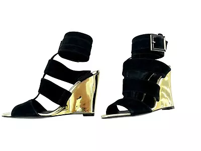 Schutz Gold  Metallic Shine Wedge Black Suede Heels Shoes Sandals Sz 36 EU NIB - Image 1 of 4