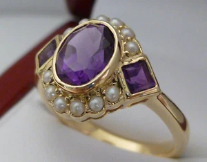 Anillo de amatista y perlas de oro sólido de 9 quilates de colección, talla 7, R3 listo - Imagen 1 de 4